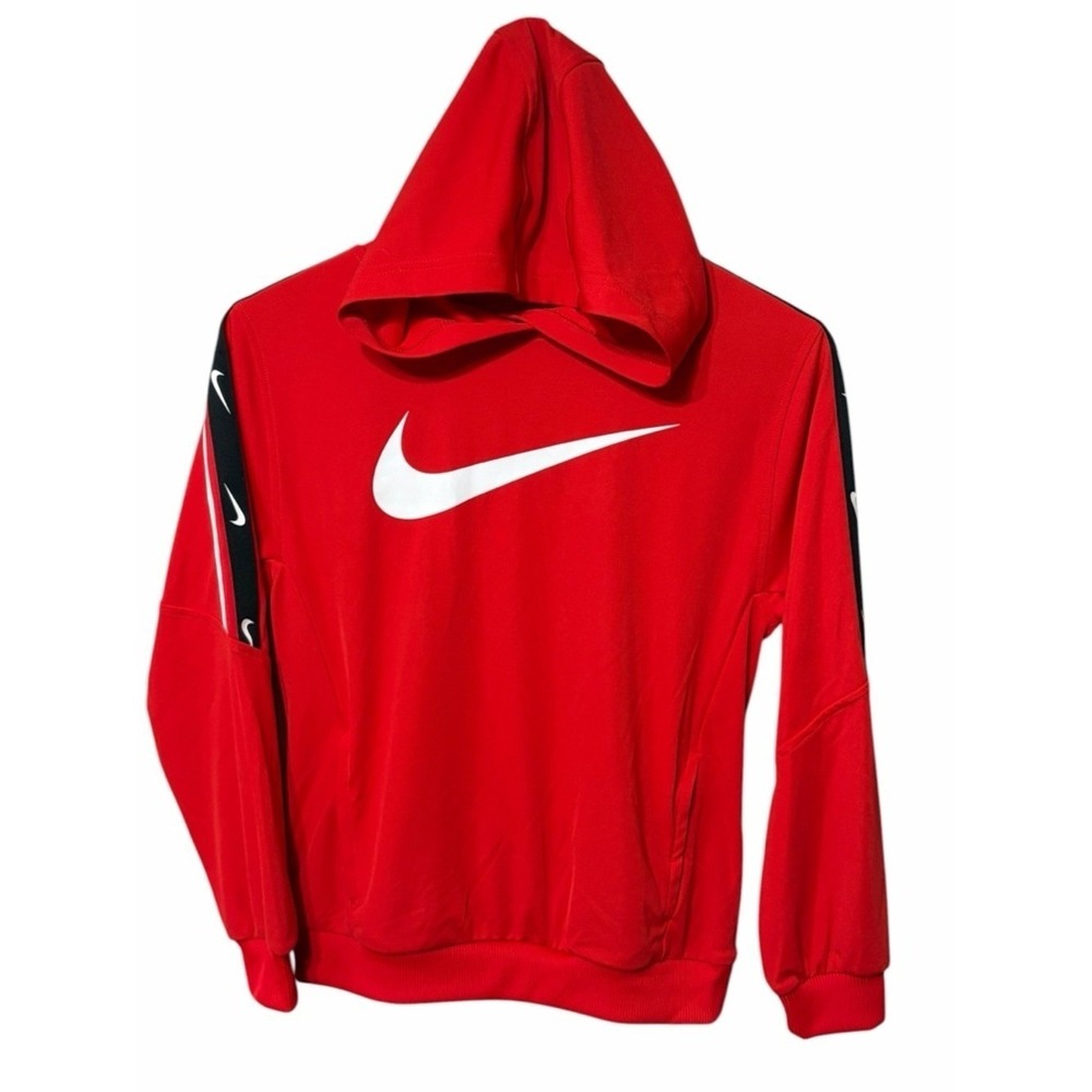Nike Red Hoodie with White Swoosh and Black Sleeve Accents